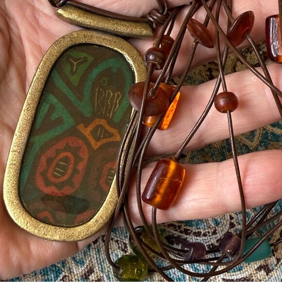 Chicos Signed Tribal Enamel Pendant Necklace Boho Statement Retired - Picture 6 of 8